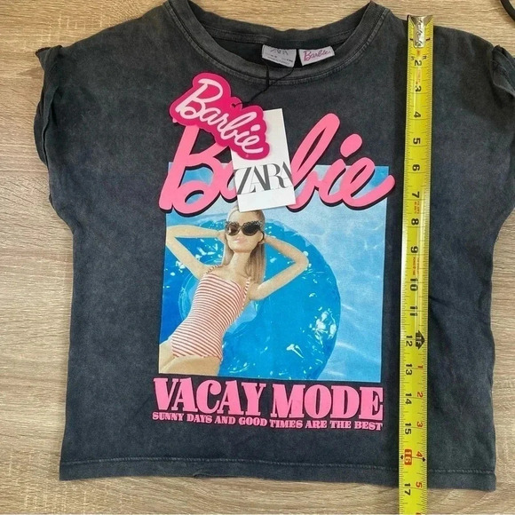 NWT Zara x Barbie Tee Shirt Top Pink Black Vacay Mode XS - Picture 9 of 10